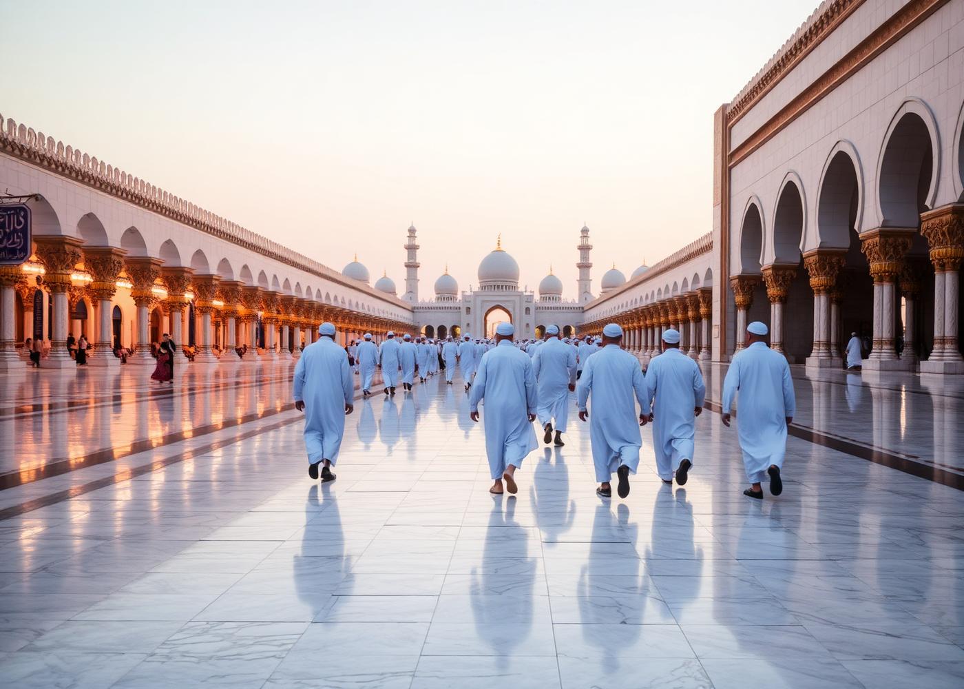 Pilgrims walking along a marble walkway at dawn